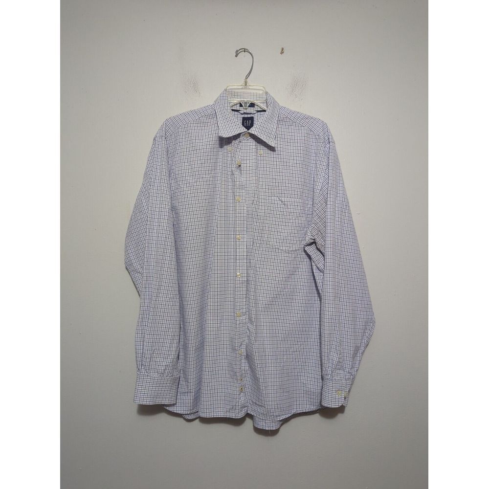 GAP Mens XL Blue White Grid Check Button Down Shirt‎ Long Sleeve Cotton Classic